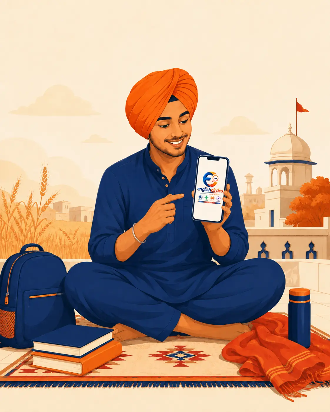 Student in Punjab learning English on a mobile phone